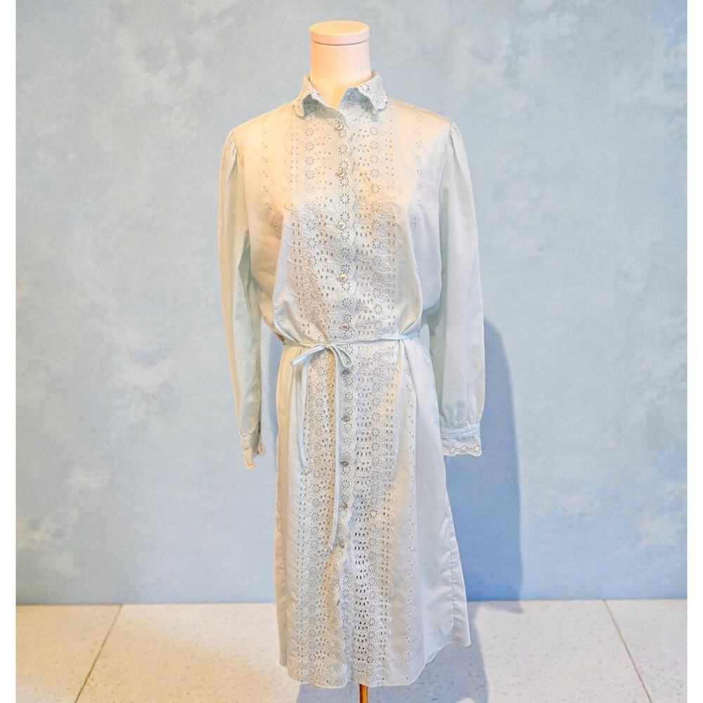 Vtg Serbin Blue Button Front Eyelet Collared Belted Maxi Shirt Dress Cotton 12